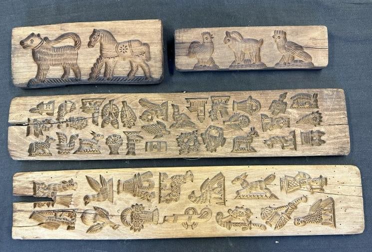 Lot of (4) old wood primitive butter molds with animals & decorative objects. Found in Hudson Valley: Lot of (4) old wood primitive butter molds with animals & decorative objects. Found in Hudson Valley estate, origin unknown, they measure 5" x 26", 5.5" x 26" , 4" x 12" & 5" x 12".