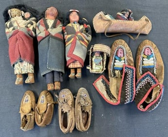 Native American lot to include SKOOKUM dolls ( 2 as is condition, 1 nice condition, baby in cradle,