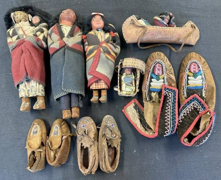 Native American lot to include SKOOKUM dolls ( 2 as is condition, 1 nice condition, baby in cradle, (1 of 12)