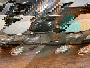 (3) nickel plated RAYO table lamps, converted to electic, with shades and chimneys, from Hudson