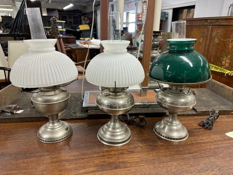 (3) nickel plated RAYO table lamps, converted to electic, with shades and chimneys, from Hudson (1 of 1)