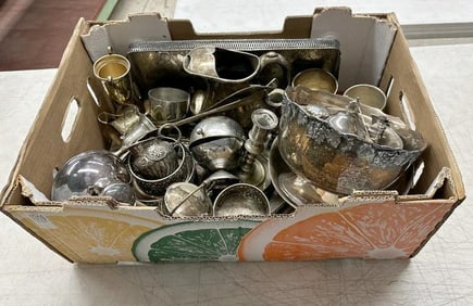 Box of old silverplate including small Horse trophies, etc. Great lot for dealer to sort