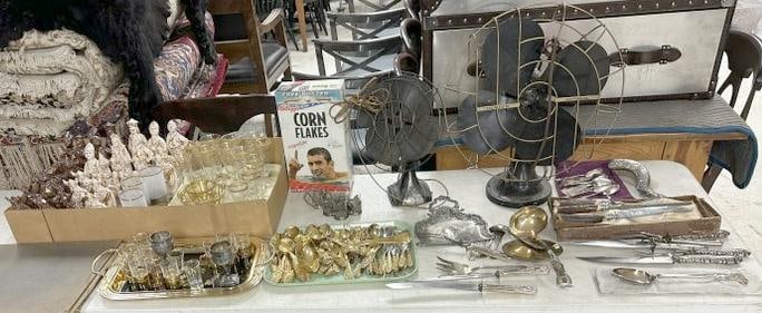 Misc. estate lot of (2) old fans, ceramic shess set pieces, older flatware ( no sterling ), carving