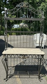 Iron & marble bakers rack, it's contemporary from local estate, nice overall condition. Measures 80"