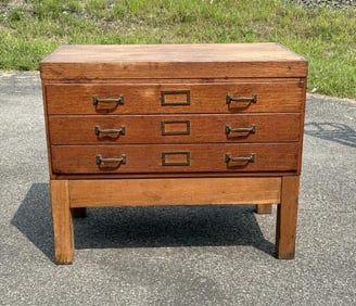 Oak older flat file on base, from local estate, structurally sound, measures 26" high x 31.5" wide x