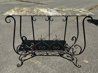 Contemporary iron base and marble top console table, nice condition, from local estate. Measures