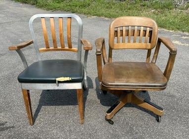 (2) older office chairs including SHAW WALKER aluminum and wood ( tear in seat ) & nice swivel desk