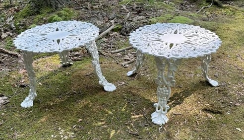 Pair iron garden tables, white paint, nice condition, structurally sound, measure 14" high x 20.75"