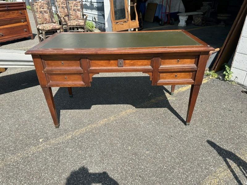 Older leather top mahogany desk, nice form, structurally sound. From Hudson Valley estate,some light (1 of 3)