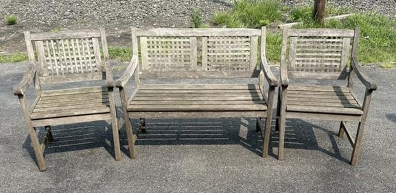 (3) pc. Teak outdoor set, weathered finish, structurally sound, from Hudson Valley estate. Bench