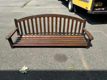 Nice teak hanging porch swing, from fine estate in Hudson Valley, was used on their back porch