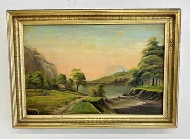 19th c Hudson River landscape with river in background, house on the left, man walking with fishing