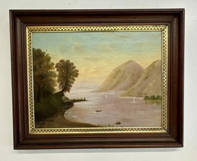 19th c o/c Hudson Valley landscape with river in forground, boats on the water, mountains in (1 of 3)