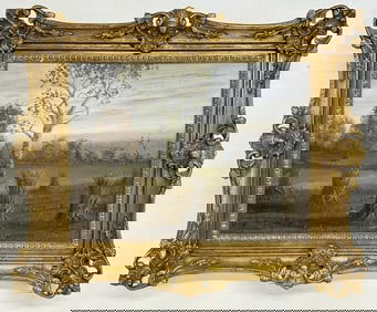 James Cornwell  ( Indiana ) o/c landscape with haystacks, in nice decorative frame, from local