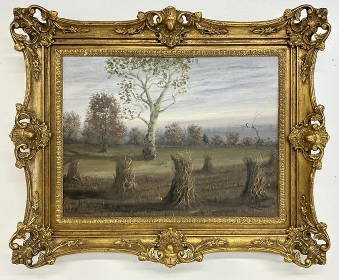James Cornwell  ( Indiana ) o/c landscape with haystacks, in nice decorative frame, from local (1 of 3)