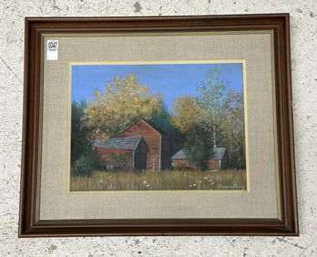 Elizabeth Mowry (Born 1940) Hudson Valley pastel landscape with red barns and outbuildings, in fine