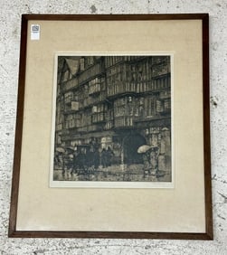 Luigi (Alois Heinrich) Kasimir (1881 - 1962)  signed engraving European cityscape with people