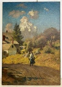 Wonderful 19th c impresionist landscape with woman walking with two baskets, unsigned,