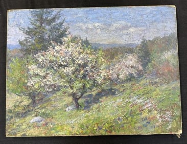 Circa 1900 o/c impressionist landscape, unsigned, plastic back over canvas, was stored in indoor art