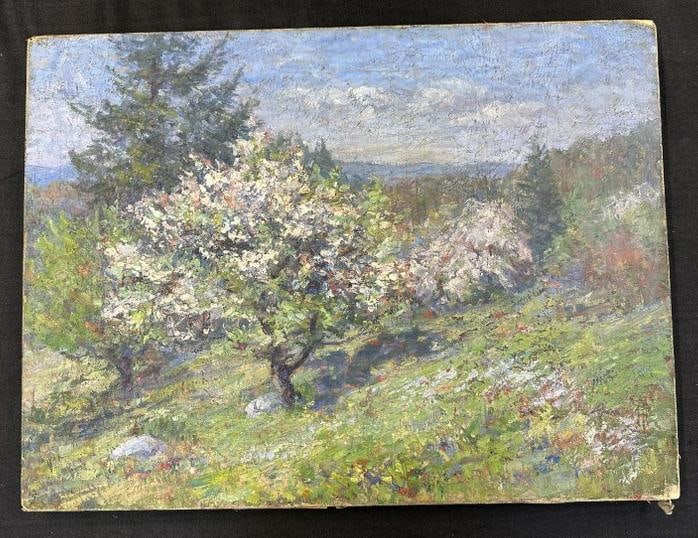 Circa 1900 o/c impressionist landscape, unsigned, plastic back over canvas, was stored in indoor art (1 of 3)