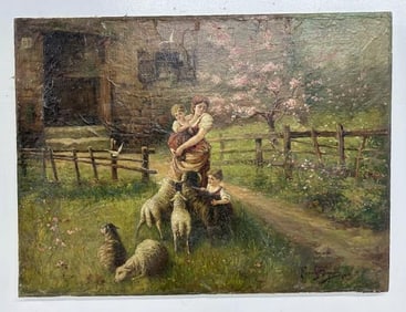 Frank Sequino (?)  o/c landscape with woman and her daughters by their sheep, from Hudson Valley