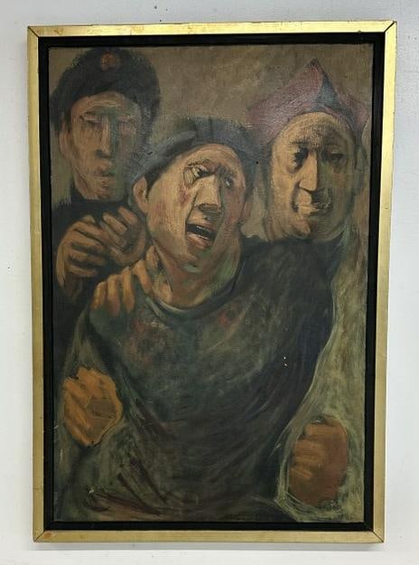 Wonderful impressionist circa 1930's o/c with three men, signed illegibly on bottom center edge. ( (1 of 4)