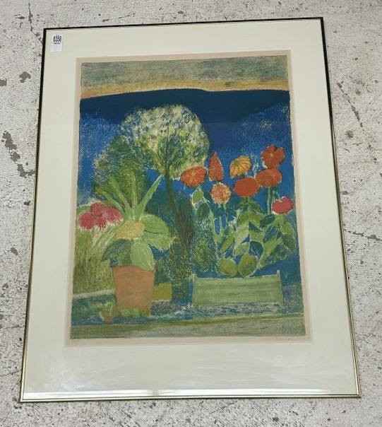 Guy Bardone (1927 - 2015 ) signed landscape color lithograph, from fine estate in Hudson Valley.: Guy Bardone (1927 - 2015 ) signed landscape color lithograph, from fine estate in Hudson Valley. Signed lower right, number 82 of 100. In fine condition, in gold metal frame. Print measures 27" x 20",