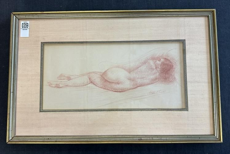 Leon Kroll (1884 - 1974) chalk drawing of nude female, signed lower right, beautifully framed and: Leon Kroll (1884 - 1974) chalk drawing of nude female, signed lower right, beautifully framed and matted. From Hudson Valley estate collection, drawing measures 8.5" x 16", the frame measures 15" x 24