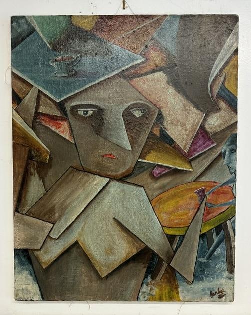 Cubist o/c Mid Century with face and geometric lines, signed illegibly on front and back ( Farkas ?: Cubist o/c Mid Century with face and geometric lines, signed illegibly on front and back ( Farkas ? ). Painting measures 28" x 22". Nice estate condition. From Hudson, New York estate collection of no