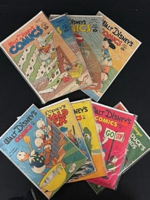 Lot of 9 1940s-1960s Walt Disney's Comics. Lot includes Voume 7 number 11 (Carl Barks), Volume 8