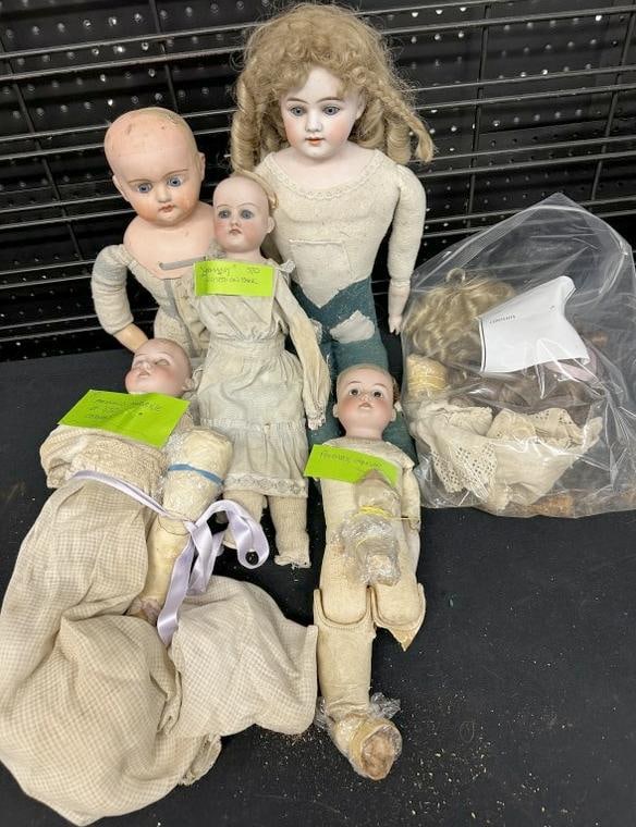 Lot of estate dolls in various states of condition, all bisque heads except one composition, bodies (1 of 6)