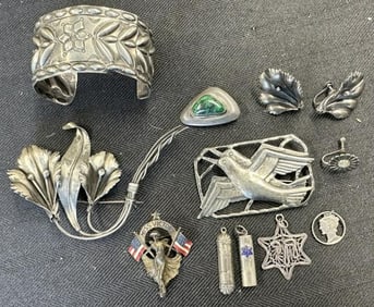 Estate lot sterling silver jewelry ( plus MISS VICTORY ) Military pinback with 2 flags, earrings,