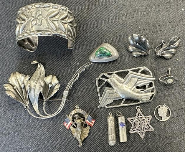 Estate lot sterling silver jewelry ( plus MISS VICTORY ) Military pinback with 2 flags, earrings, (1 of 2)