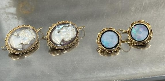 (2) pairs 14k earrings to include mother of pearl cameo earrings & opal doublets earrings, nice