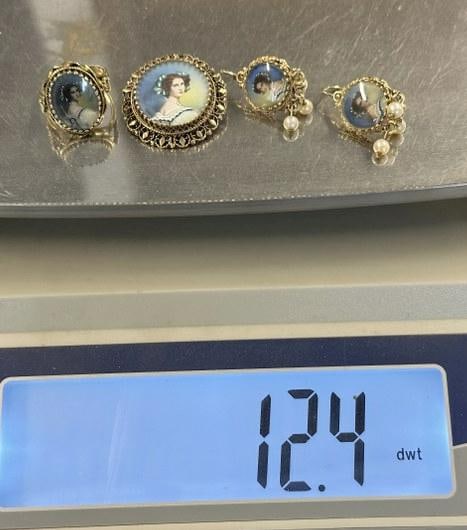 (4) pc. 14k portrait jewelry set to include earrings, brooch and ring, ring size is 6, total weight (1 of 2)