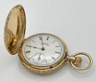 14k Elgin 6 size closed face pocket watch, from local estate, running, not monogrammed, case in fine