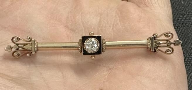 Victorian 14k bar pin with diamond in center ( approx. 40 points ), (2 prongs missing ), from local (1 of 7)