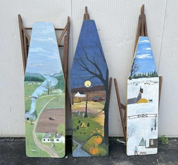 (3) folky handpainted scenic wood ironing boards, found in local estate. Nice overall condition.: (3) folky handpainted scenic wood ironing boards, found in local estate. Nice overall condition.