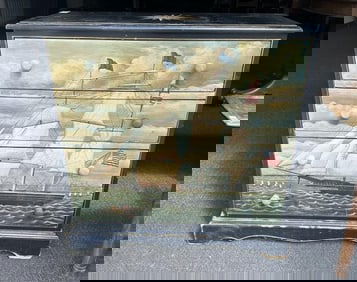 Contemporary chest of drawers with painted ship motif, structurally sound, from local estate,