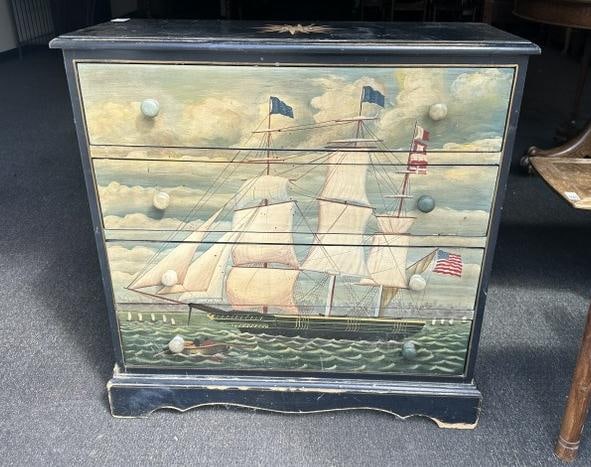 Contemporary chest of drawers with painted ship motif, structurally sound, from local estate, (1 of 1)