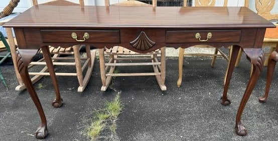 Contemporary mahogany Chippendale 2 drawer console table in very nice estate condition. Measures