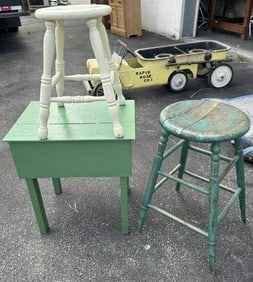 (3) pc. Country lot includes (2) stools and small stand. From Hudson Valley estate.