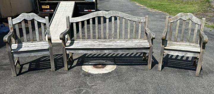 (3) pc. Teak ( weathered finish ) from Hudson Valley estate, structurally sound, bench measures (1 of 5)