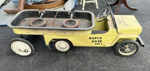 Old pedal car conversion with grill on back, found in basement of local estate, measures 19.5" high