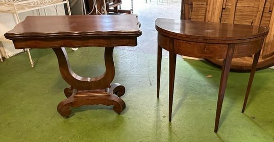 (2) mahogany lift top tables, half moon has inlay, fromAlbany, N.Y. estate, nice lot….just as we