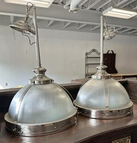 (2) RESTORATION HARDWARE industrial hanging lights, from local home in Hudson Valley, in fine