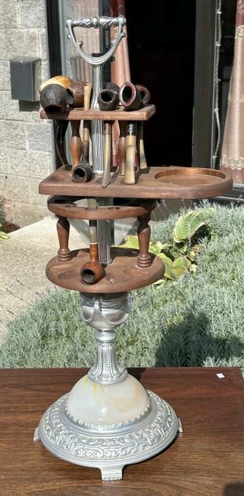 Deco polished aluminum & onyx base smoking stand, in very nice condition, with pipes, just as we: Deco polished aluminum & onyx base smoking stand, in very nice condition, with pipes, just as we found it in the estate.