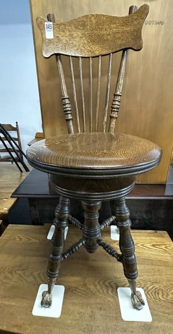 Nice Victorian oak high back piano stool, swivels, has ball and claw feet, nice condition, back a (1 of 2)