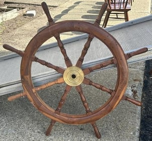 Old walnut ships wheel, brass center fitting and pegged construction, nice overall condition, found