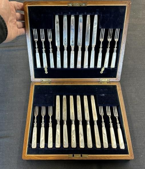 Beautiful English boxed set of sterling silver fruit knives and forks, with mother of pearl handles, (1 of 8)